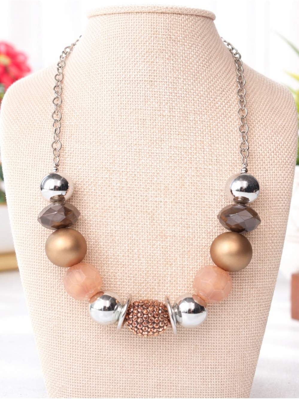 Elegant Silver and Gold Beaded Necklace 21” + 3”